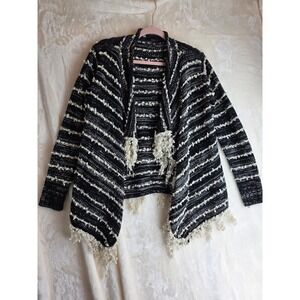 Anthropology Fee Verte Black White Striped Open‎ Front Fringe Cardigan Sweater